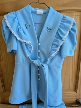 Light Blue Ruffled Tie-Front Blouse with Floral Embroidery